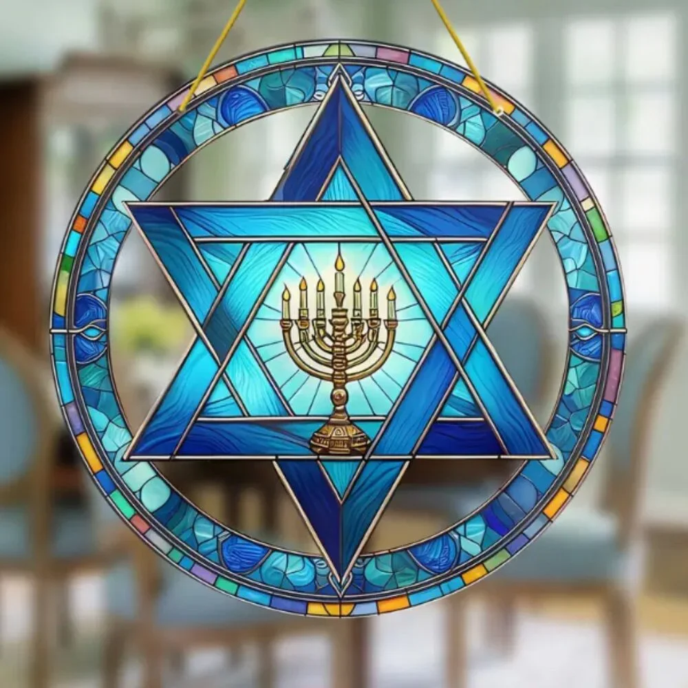 Star of David Acrylic Sun Catcher Decor; Dyed Acrylic Light Catcher Menorah NEW